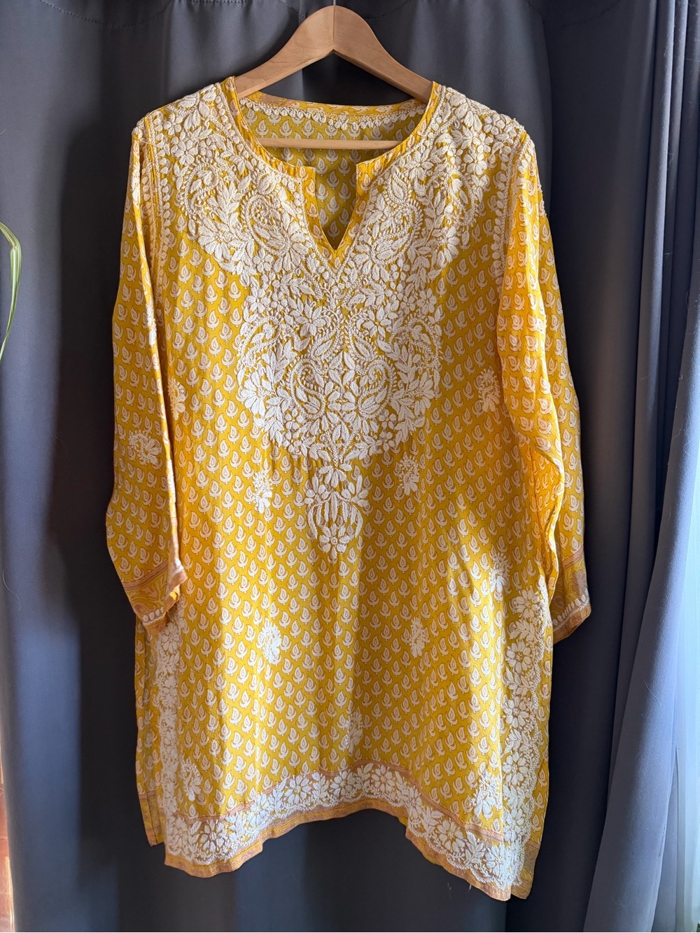 Yellow Embroidered V-Neck Women's Tunic Top